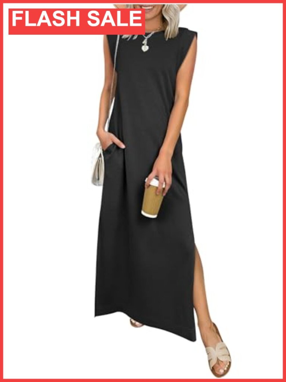 Wrinkle Free Maxi Dress Sleeveless Crew Neck Side Slit Sundress